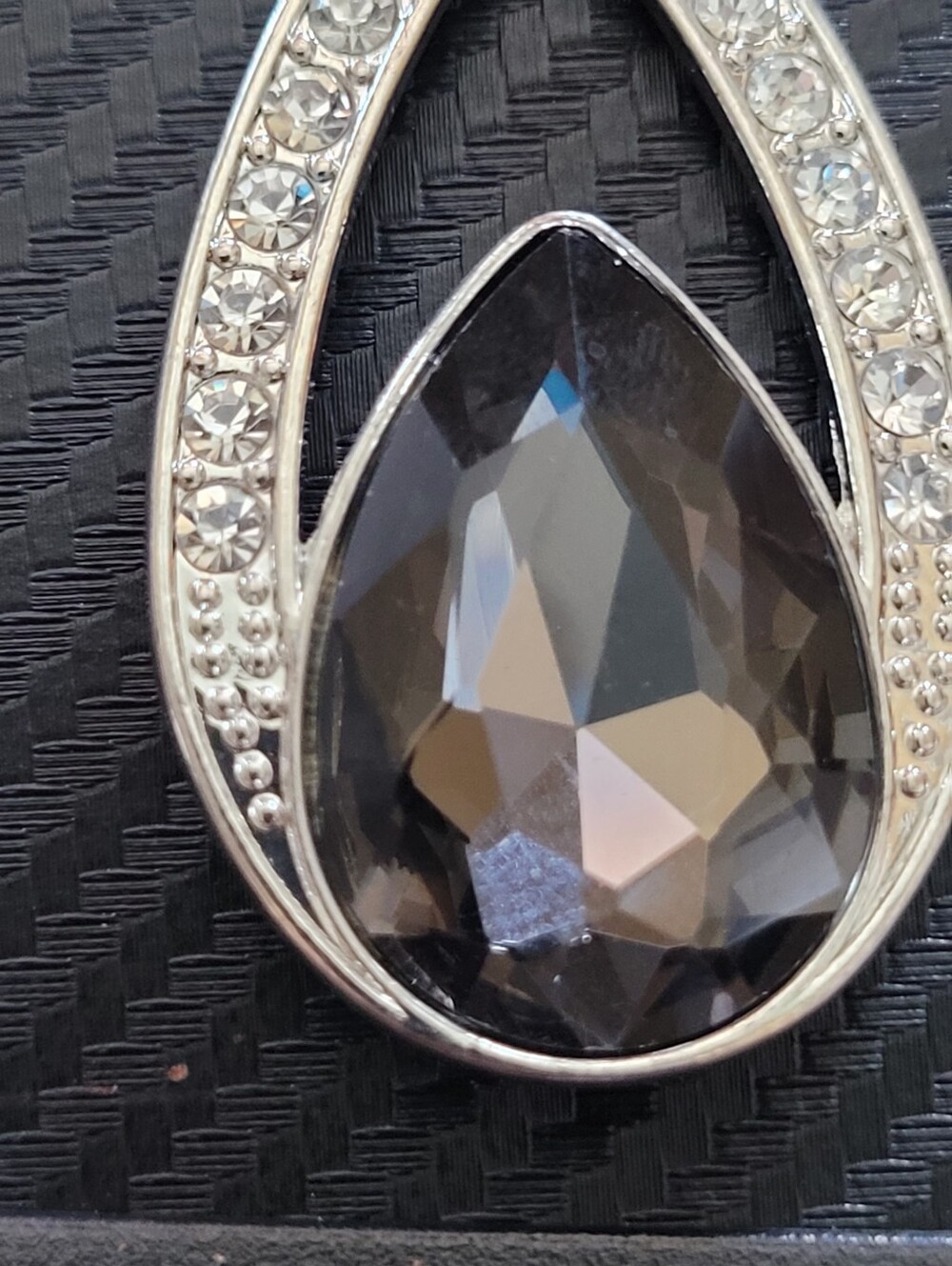 Silver Tone Smoky Crystal Teardrop Pendant Rhinestone Halo Necklace - Picture 5 of 9